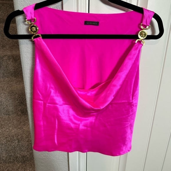 Versace Medusa cowl neck pink silk top with gold hardware - Picture 2 of 15